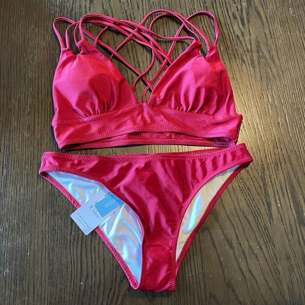 Cupshe red wine strappy bikini set, S, NWT